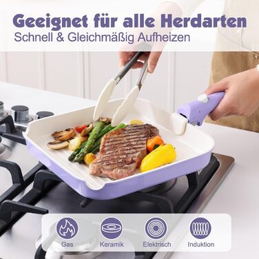 Набір посуду SENSARTE Keramik 17 предметів: каструлі, сковороди з антипригарним покриттям та знімними ручками, для всіх типів плит, можна мити в посудомийній машині та використовувати в духовці, фіолетовий колір