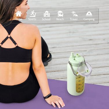 BLUEGO 2000ml Glass Water Bottle with Stainless Steel Handle and Time Marker 2L Motivation Glass Dryer with Silicone Case and Straw for Gym, Office, Outdoors, Sports Water Bottles BPA-free, (Light Green)