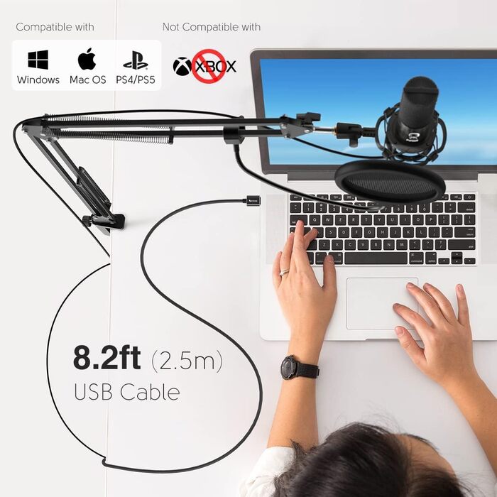 Мікрофон FIFINE для стрімінгу та запису: USB мікрофон з кріпленням, поп-фільтром та амортизатором (Чорний)