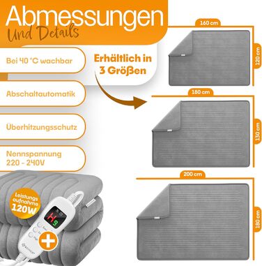 Електрична грілка KESSER® з плюшу 180x130 см сірого кольору | з таймером та автовимкненням | тепла та затишна ковдра | 9 температурних режимів | прання до 40°C | цифровий дисплей