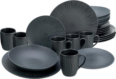 CreaTable Серія Везувій: Чорний комбінований посуд з порцеляни на 6 осіб (24 елементи), Made in Portugal