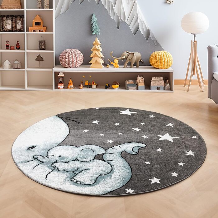 Дитячий килим круглий Elefant Design, короткий ворс, блакитно-сірий 120 см для хлопчиків та дівчаток. Антиалергенний, м'який килим в дитячу кімнату
