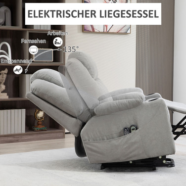 HOMCOM Electric Recliner with Stand Assist, Relax Recliner with Lie-Flat Function, Heating Function, 1 Motor, Massage Function, Pocket Spring, Light Grey | Aosom