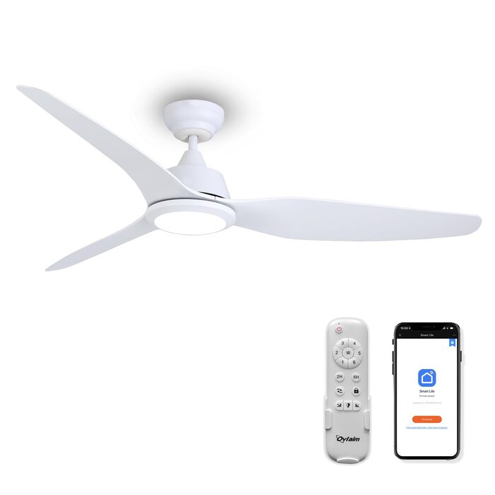 Стеляний вентилятор Ovlaim з підсвічуванням та пультом керування, Smart вентилятор, зимовий режим, DC мотор, сумісний з Alexa/Google Home, 142 см, білий