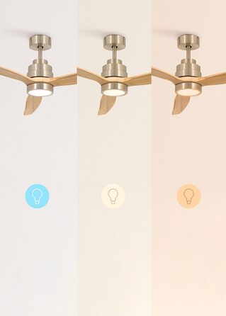 Вентилятор стельовий WINDSTYLANCE з натурального дерева з підсвічуванням, Нікель, Wi-Fi, пульт ДУ, 40W, Ø132 см, 6 швидкостей, таймер, DC-двигун, літньо-зимовий режим