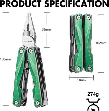 Мультитул Swiss+Tech 16-в-1 з нержавіючої сталі з ножем, пилкою, плоскогубцями, викрутками та ножицями для кемпінгу, відпочинку та ремонту, з чохлом, вінтажний зелений