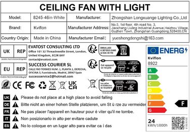 Стельовий вентилятор Kviflon з LED підсвіткою та пультом ДУ, 132 см - сучасний вбудований світильник для внутрішнього/зовнішнього використання (білий, 117 см)