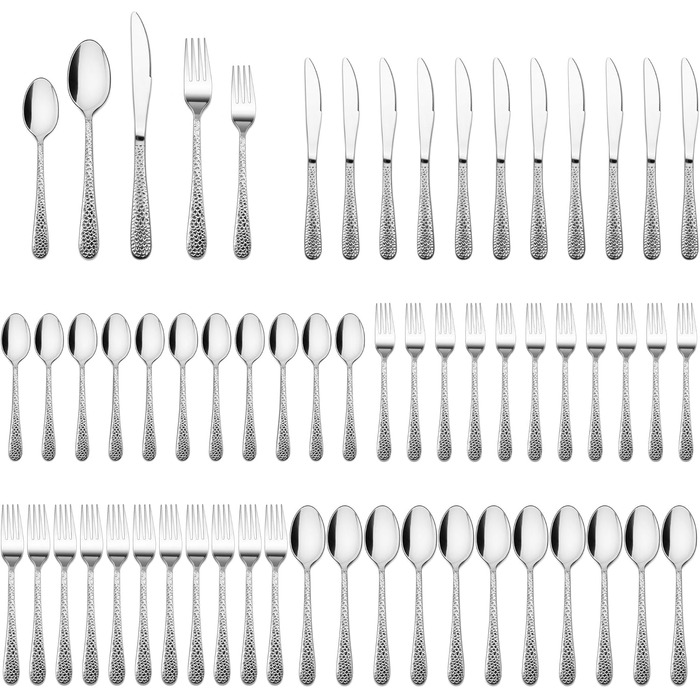 Набір столових приборів Joyfair на 6 осіб (60 предметів), нержавіюча сталь, з молотком, ніж, виделка, ложка, елегантний столовий прибор для дому/вечірки/ресторану, блискучий, придатний для миття в посудомийній машині
