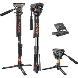 Штатив Coman Q6 для відеокамери та DSLR: міцна монопод з регулюванням 179.3 см, максимальне навантаження 10 кг, чорний