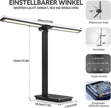 LED лампа настільна LENDOO з двома головками, регульована яскравість 700 люмен, 5 рівнів регулювання, 5 колірних режимів, USB-порт для зарядки та вбудований акумулятор 2000mAh, для дітей, спальні, читання, чорна