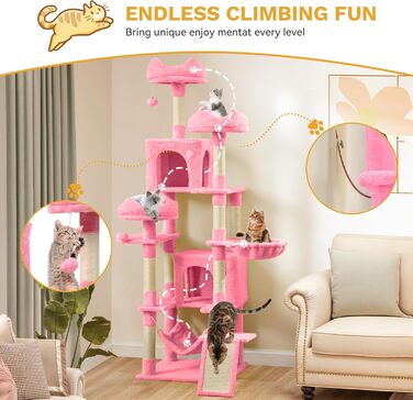 Кігтеточка YITAHOME XXL, 190 см, з 8 стовпів з сизалю, 3 платформи, 2 печери, кошик, гамак, іграшки, для котів, рожева