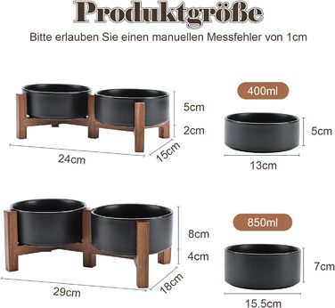 Миска для собак SpunkyJunky з кераміки, подвійна, піднята, з підставкою з акації, для котів та собак (400 мл, чорна)