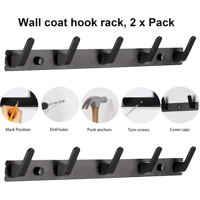 Coat Hooks, Wall Mount, Wall Coat Hooks, 5 Hooks, Black, Closet Hooks, Hat Shelf, Key Hooks for Wall, Jacket Holder Wall, Entryway Hooks Wall Mount, Clothes Rail (2 pieces)