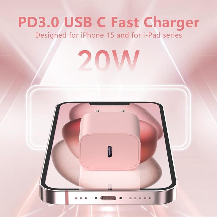 Зарядний пристрій USB-C 20W з кабелем Type-C 2м для iPhone 16/15/Pro/Air, iPad - Рожевий + Зелений (2 шт)