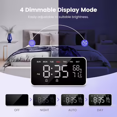 Dekala LED Digital Alarm Clock with Dual Alarms, Temperature & Humidity Sensor, Nightstand Function with Snooze, 12/24h Format, Large Automatically Dimming Display and Digitally Powered Clock