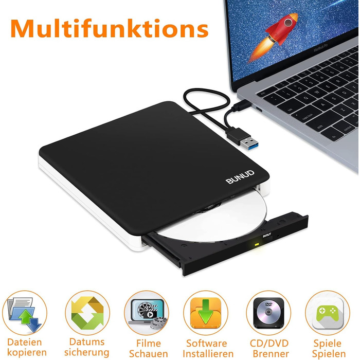 Зовнішній DVD-привід BUNUD USB 3.0: CD/DVD гравір та плеєр з картридером SD/TF для Windows 11, Mac, MacBook Pro Air, PC, ноутбука, чорно-білий