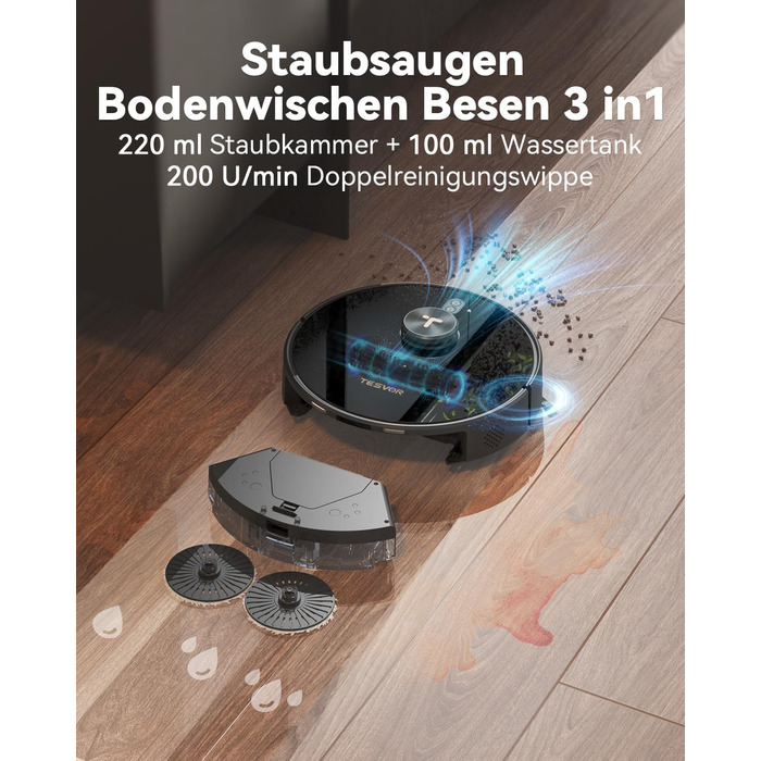 Робот-пилосос Tesvor S8MAX 3-в-1 з функцією миття, 8000Pa, LiDAR-навігація, 240 хв роботи, керування через додаток/Alexa, самостійна станція очищення 2.5л для великих приміщень з тваринами (X8 Ultra)