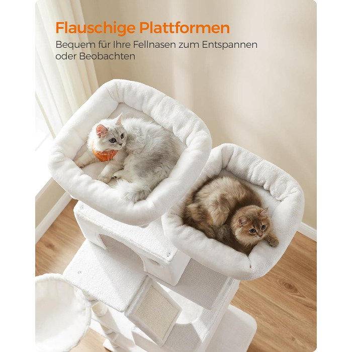 Драбина для котів Feandrea, 206 см, XXL, з 13 стовпчиками для дряпання, 2 платформами, 2 хованками, кошиком, помпонами, багатоярусна, кремово-біла, для дому (60 x 50 x 206 см)