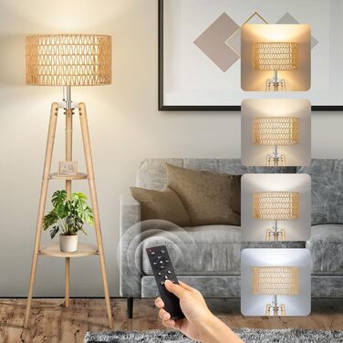 LED торшер Outon з трьома ніжками, регульоване освітлення, полиця, пульт, 4 режими кольору, таймер, 2 плафона, для вітальні/спальні (дерев'яний)