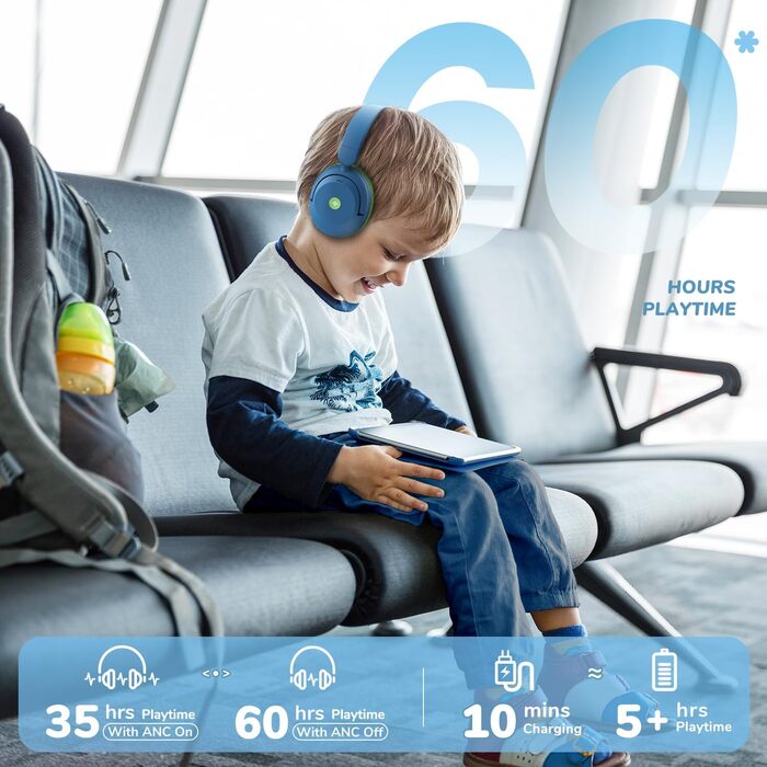 iClever Бездротові навушники з шумозаглушенням для дітей Bluetooth, 60 годин роботи, 80дБ безпечний рівень гучності, зручна посадка, Bluetooth 5.4, AUX кабель для подорожей, білий, зелений, блакитний