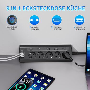 Багатофункціональна мережа роз'ємів 9 в 1 з вимикачем, USB-роз'єм 5 шт., кабель 2 м, кутова мережа роз'ємів чорного кольору, індивідуальне перемикання, для кухні та столу