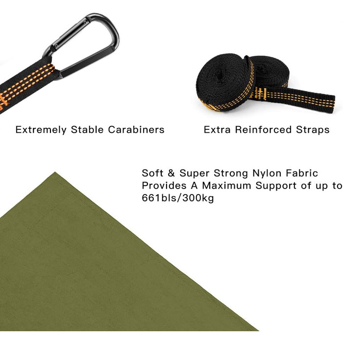 Легка туристична гамак для кемпінгу та відпочинку на природі | Міцна, з карабінами та ременями, 275x140 см, 300 кг, нейлон, для відпочинку вдома та на вулиці, армійний зелений/камелеон