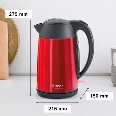 Електричний чайник Bosch DesignLine TWK3P424, 1.7 л, червоний, бездротовий, з індикатором рівня води та захистом від перегріву