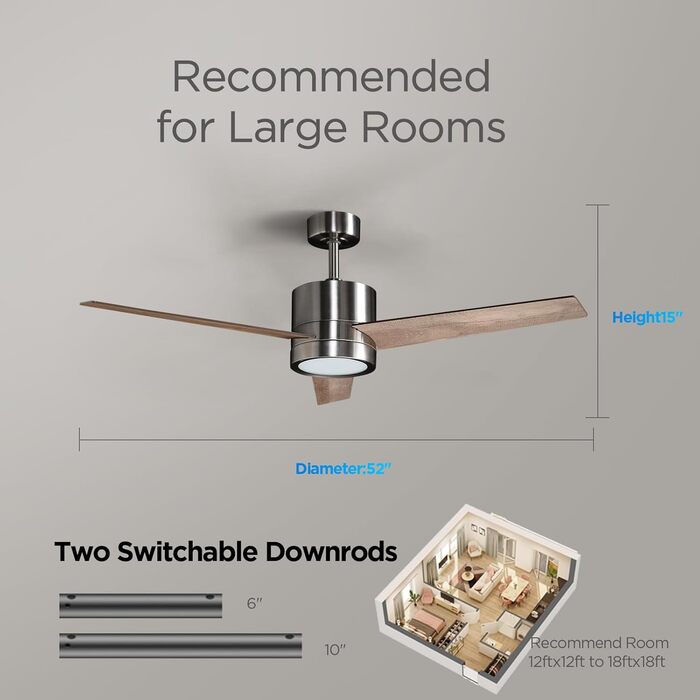 Стеляний вентилятор з підсвіткою для спальні: 132 см, тихий вентилятор з пультом керування, ідеально для вітальні, горіх, 6 швидкостей та трикольорові диммери – 220-240V