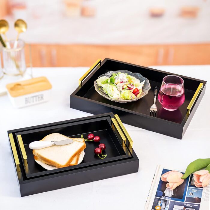 Hanobe Serving Tray Decor Tray Wood: Set of 3 Black Decorative Wooden Trays with Gold Handles Coffee Table, Rectangular Jewelry Tray, Bedside Table Tray, Modern Candle Tray, Coffee Decor Tray