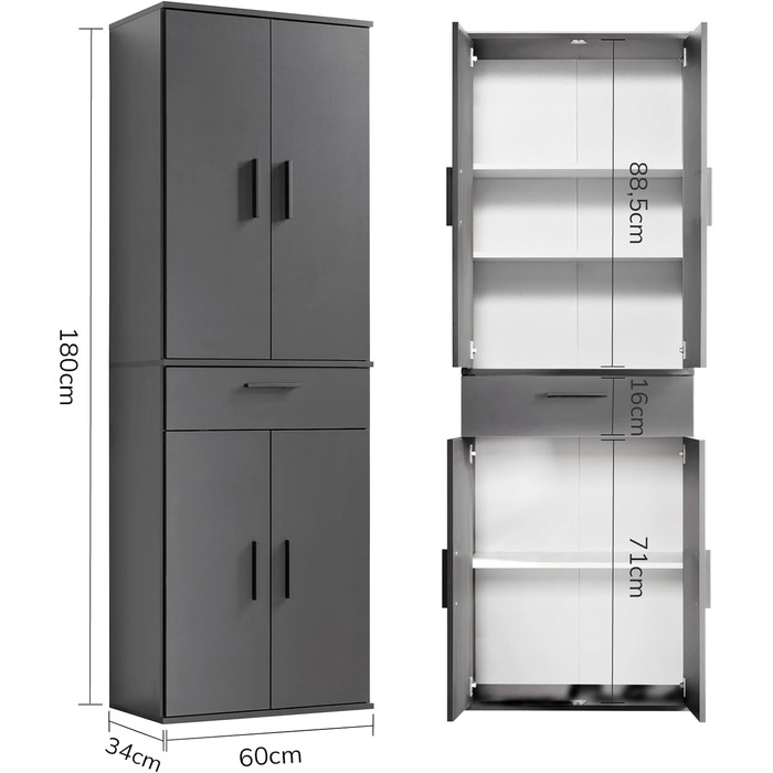 Multi-purpose cabinet 60cm wide with drawers 'The Practical', small office cabinet or filing cabinet, also usable as a shoe cabinet or storage cabinet in 60x90x34 cm (W/H/D) in White (Height 180CM, Anthracite Black)