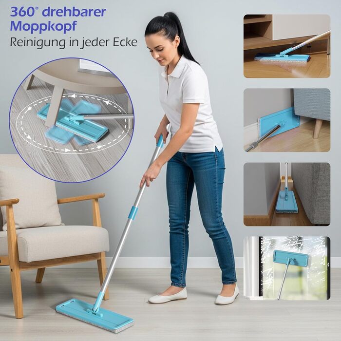 Набір для миття підлоги з відром, вичавлювач для швабри, 2 в 1, швабра-моп з регульованою ручкою з нержавіючої сталі та 6 мікрофібрових насадок, підходить для плитки та ламінату (швабра з відром: блакитний + синій)