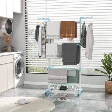 Сушарка для білизни COSTWAY 4-рівнева з колесами, розкладна, з 2 обертовими крилами, висувна, для дому та вулиці (Блакитна)