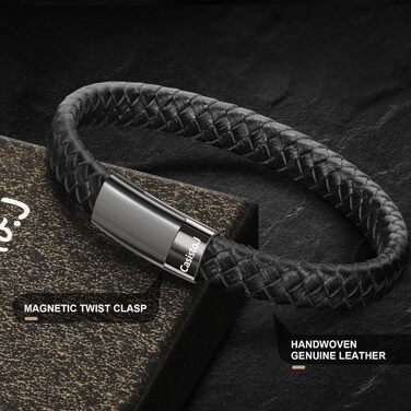 Чоловічий шкіряний браслет з плетінням та магнітним застібком Lederarmband 20 см, чорний