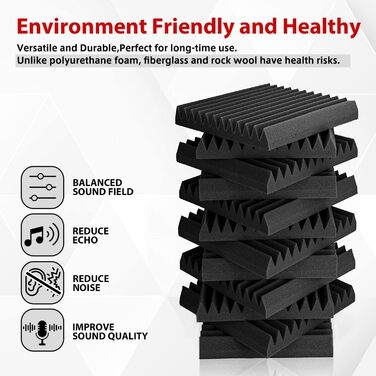 Акустичний поролон Foneso для звукоізоляції, панелі-поглиначі шуму 30x30x5 см, висока щільність 25кг/м³, 3D шумопоглинаючі плити для студії, офісу та кімнати запису, чорний (52 шт, з клейкою стрічкою)