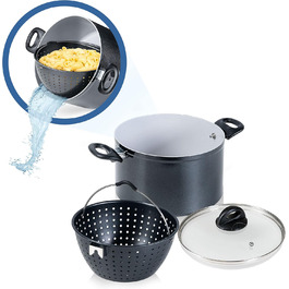 Набір керамічних каструль Genius Cerafit Magic Pot 24 см, 6,4 л з друшляком і скляною кришкою, універсальний для всіх плит, чорний
