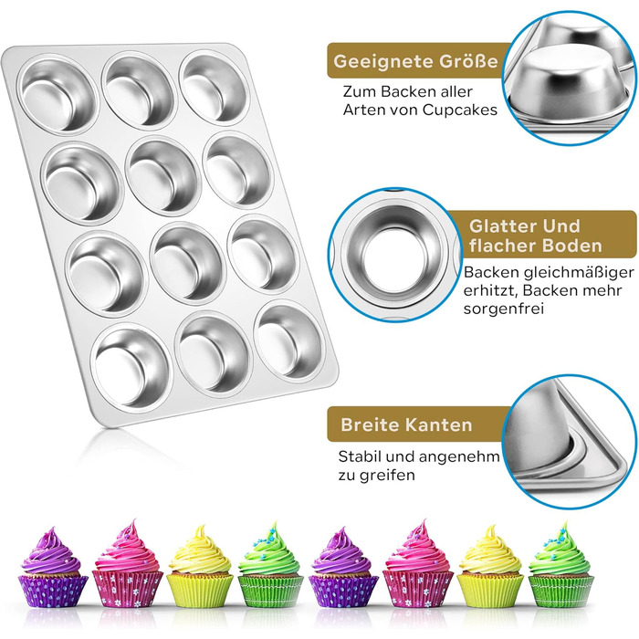 Joyfair Muffin Tin 2-Piece Set, Stainless Steel Muffin Sheet for 12 Muffins, Muffin Baking Pans 35 x 27cm, Muffin Baking Pan for Cupcakes, Brownies, Pudding, Cake, Non-Toxic & Healthy, Oven & Dishwasher Safe
