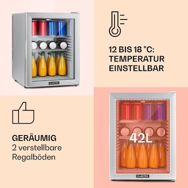 Klarstein Mini Fridge with Glass Door - Beverage, Snack & Cosmetic Cooler, Compact & Quiet, Adjustable Shelves, Skincare Fridge 12-18°C, 42L, Silver