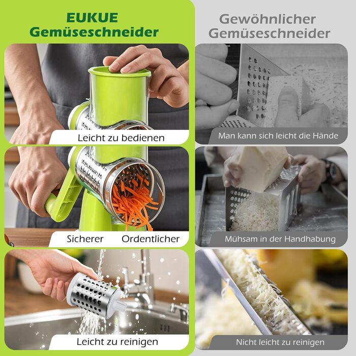 Ручна тертка для овочів 3-в-1 з нержавіючої сталі, терка для сиру з ручкою та 3 змінні леза, для салату, горіхів, фруктів, піци