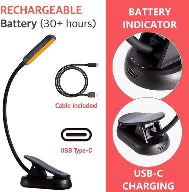 LED лампа для читання Clip-On з блокуванням блакитного світла, 1600K, тепле світло, акумулятор 1000mAh, сумісна з Kindle