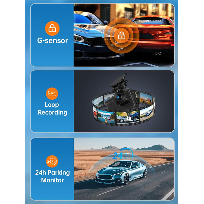 Відеореєстратор у машину Dashcam Auto з двома камерами, 2.5K+1080P, IPS-дисплей, G-сенсор, 170° кут огляду, паркувальний режим, циклічна запис, нічне бачення, карта 32GB