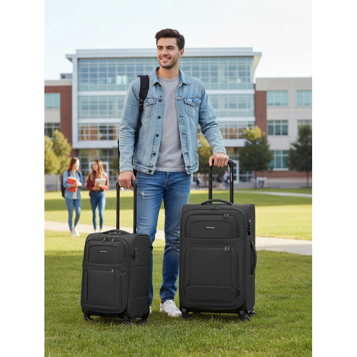 Набір валіз SMARTBOX 3 шт. для жінок та чоловіків | Легкі та міцні валізи-ролери, якісний softcase, 4 колеса та кодовий замок | Розширювані валізи (Чорний колір, валіза M (67 см))