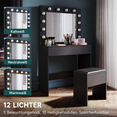 Туалетний столик SONNI з LED-підсвіткою, дзеркалом HD, 3 кольори, 10 рівнів яскравості, з шухлядами, чорний, 80x40x140 см – косметичний стіл для спальні