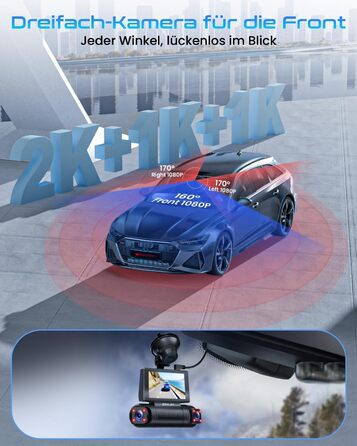 Автомобільний відеореєстратор 360° 4-канальний 2K+1080P, бездротовий з Wi-Fi та додатком, G-сенсором, 8 ІЧ-LED для нічної зйомки, карта пам'яті 128GB у комплекті