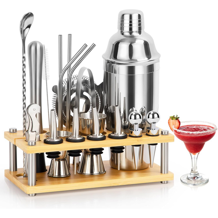 Набір шейкер для коктейлів зі стійкою, 750 мл, 20 предметів, нержавіюча сталь, професійний барменський набір, 4 силіконових підкладки, подарунок для чоловіків, жінок, друзів
