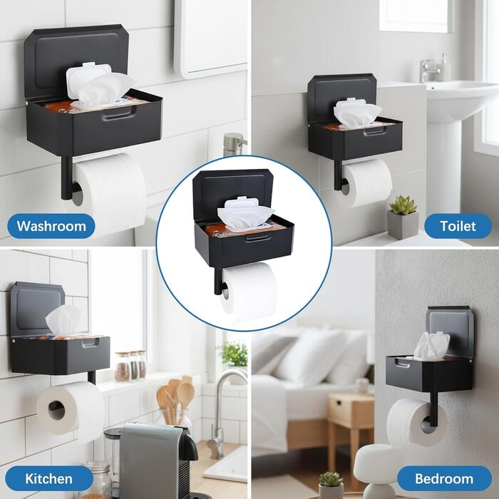 Тримач туалетного паперу Cozary без свердління з боксом для вологих серветок, чорний, нержавіюча сталь