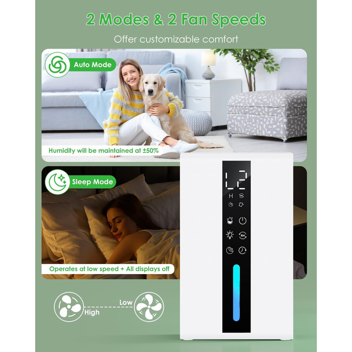 Електричний осушувач повітря 1.8L з антизаморожувальним захистом, 2 швидкості та 2 режими, таймер 48H, RGB підсвітка, для спальні, ванної кімнати та гуртожитку 1800 мл