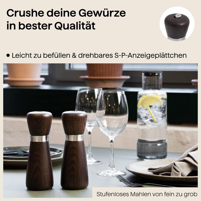 Crushgrind Kyoto Spice Mill with Ceramic Grinder | Salt and Pepper Mill with Adjustable Grind Setting for Coarse Salt | Herb Mill made from High-Quality, Sustainable Materials (170 mm, Brown Oak)