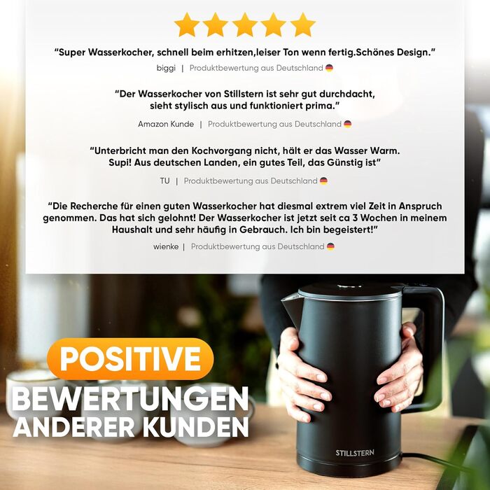 Stillstern Kettle with Temperature Setting [1.7L | 40-55-70-85-100°C], 12 Hour Keep Warm, Precision Stainless Steel Spout, Anti-Fingerprint, Fast Heating [2200W], Quiet, Stable Base