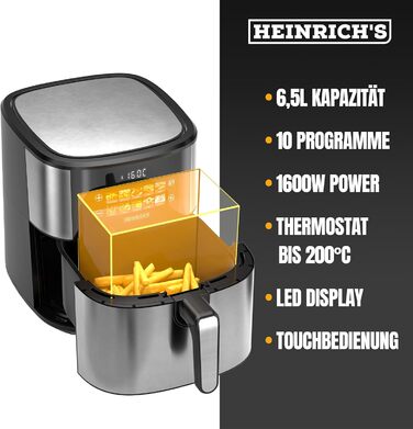 Фритюрниця повітряна HEINRICHS 9 літрів XXL з LED-дисплеєм, 10-в-1, 1800W, для здорового харчування, з таймером