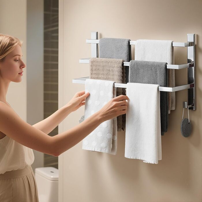 Тримач для рушників без свердління для ванної кімнати | Без бактерій | Прихований кріплення | Тримач рушників з гачками - нержавіюча сталь SUS 304, нержавіюча сталь, полірована | з дзеркальним покриттям